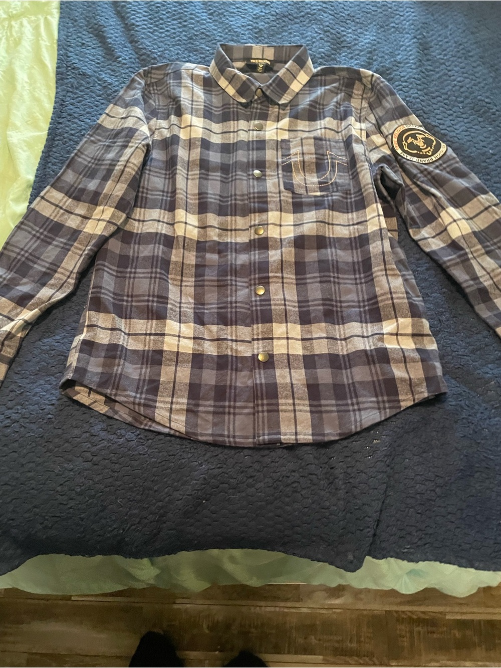 True Religion Navy and Gray Plaid Shirt with Embroidered Patch
